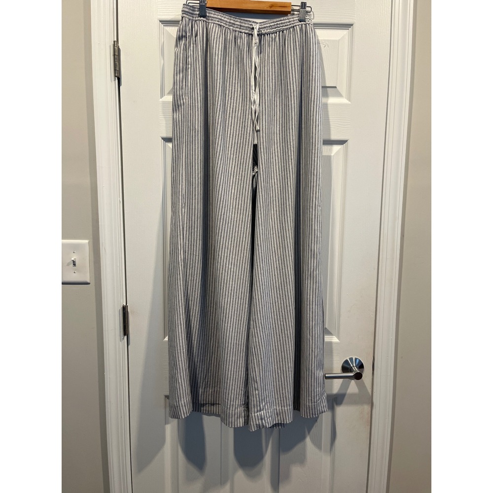 Max Studio London Blended Linen Wide Leg Trousers Blue White Stripe Mid Rise NEW